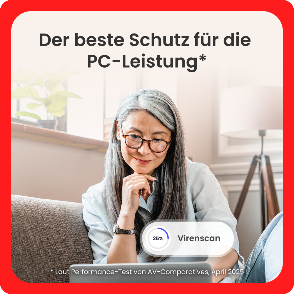 Frau mit Brille schaut auf Laptop, Virenscan-Fortschritt 25% angezeigt.