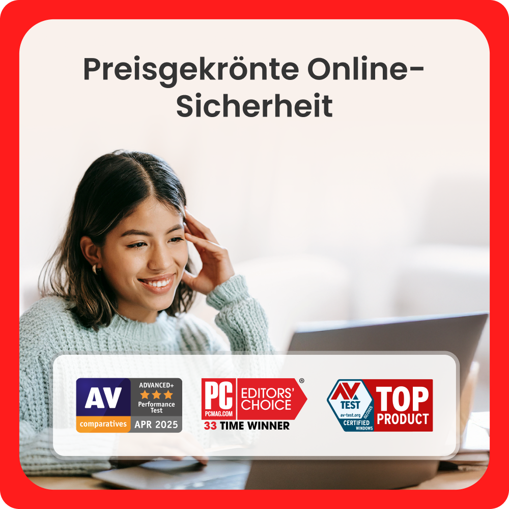 Frau lächelt in Laptop mit Auszeichnungen: AV Comparatives, PCMag Editors' Choice, AV-TEST Top Product.