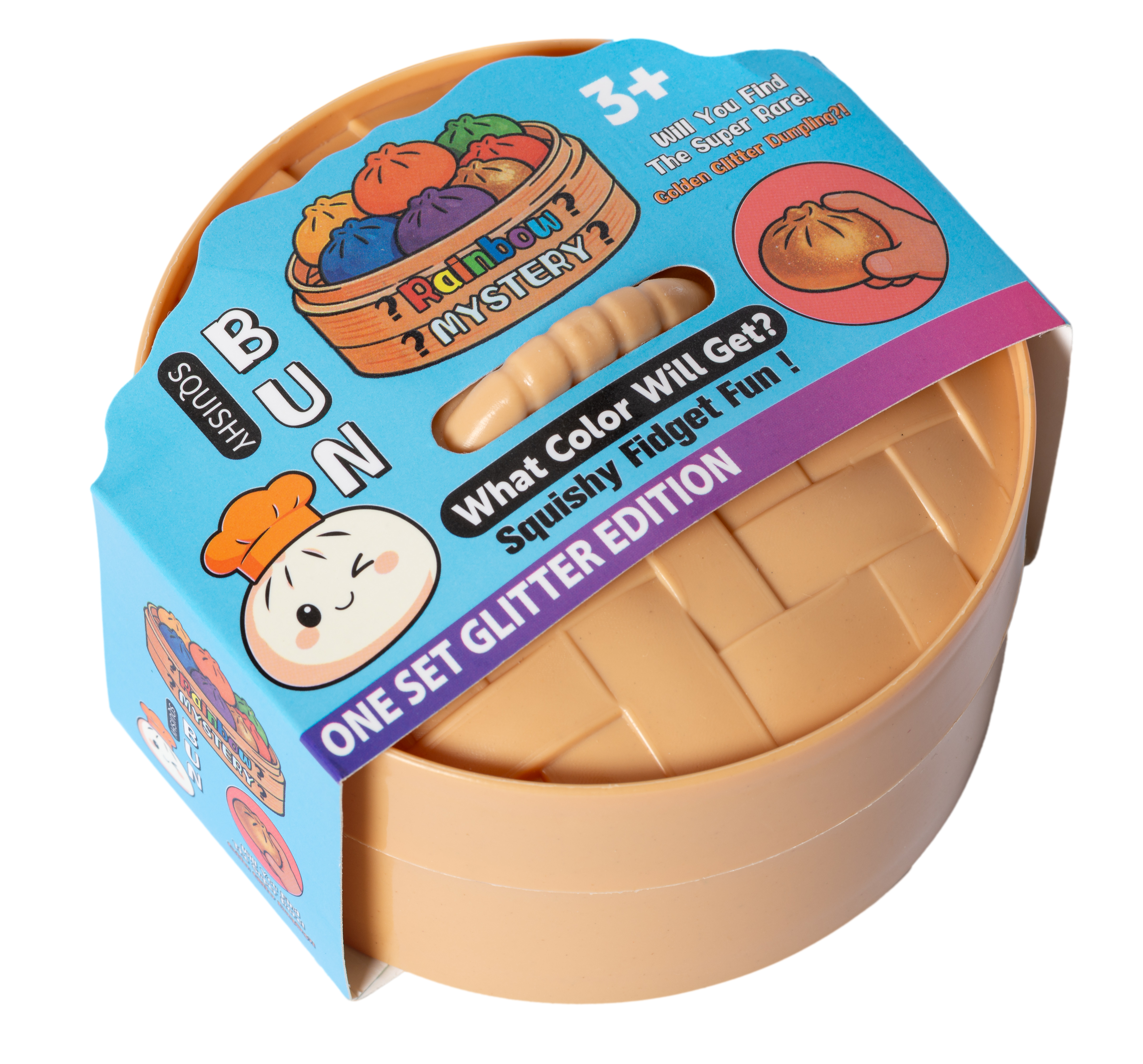 Ein Spielzeugpaket mit der Aufschrift 'Bun Squishy Fidget Fun'.