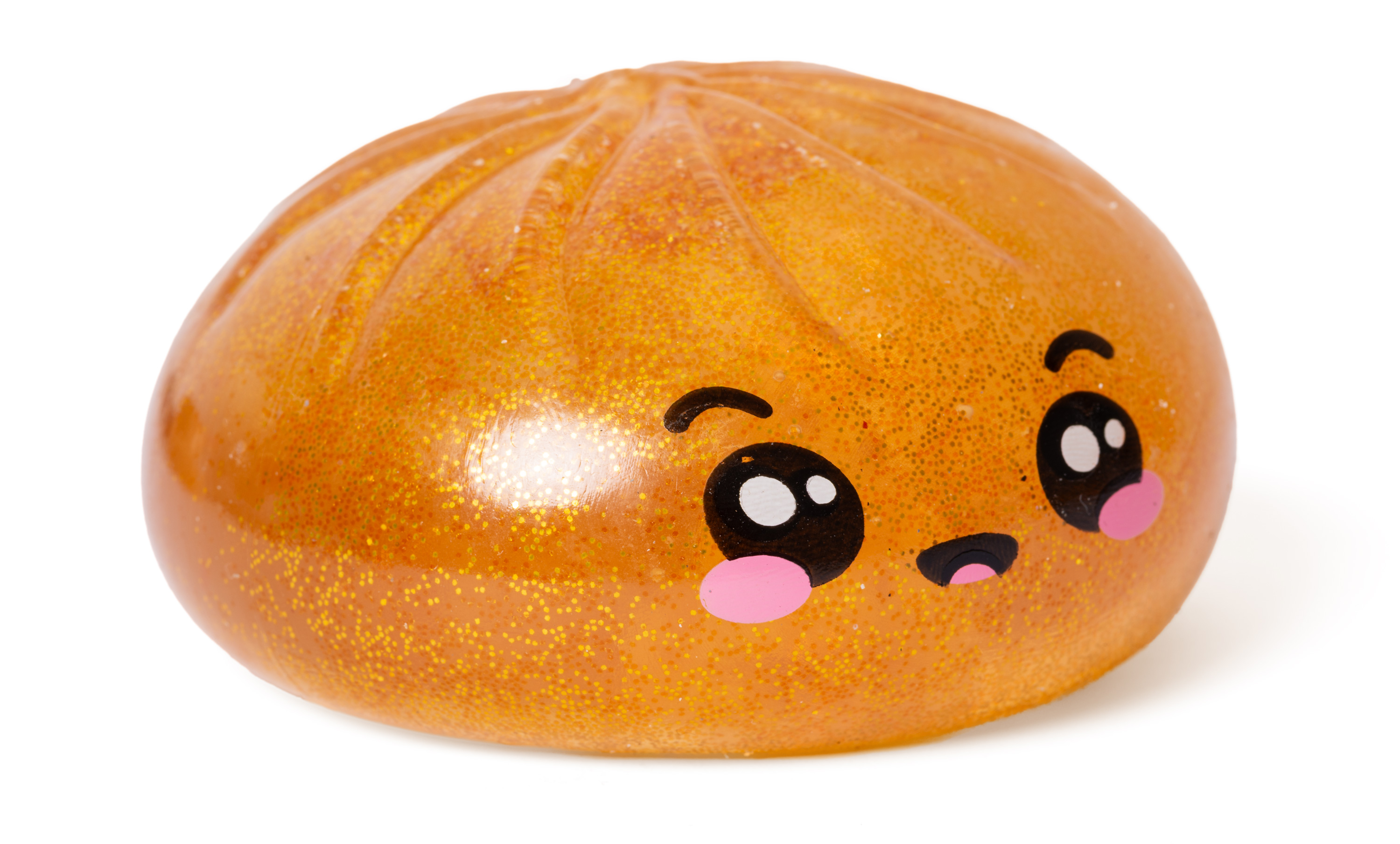 Orangefarbener glitzernder Squishy mit Kawaii-Gesicht auf weißem Hintergrund.
