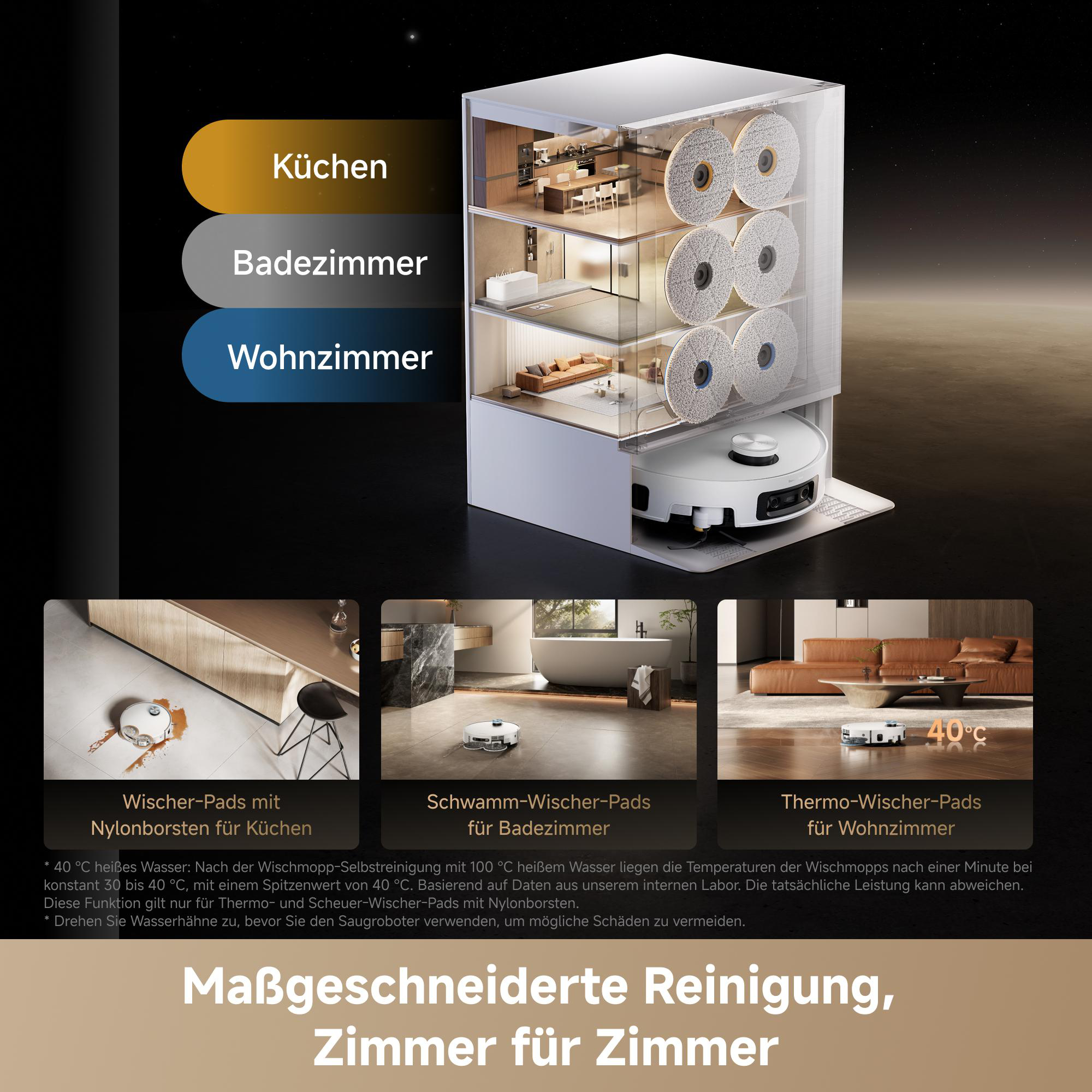 Roboterreiniger mit verschiedenen Wischpads für Küche, Bad und Wohnzimmer.