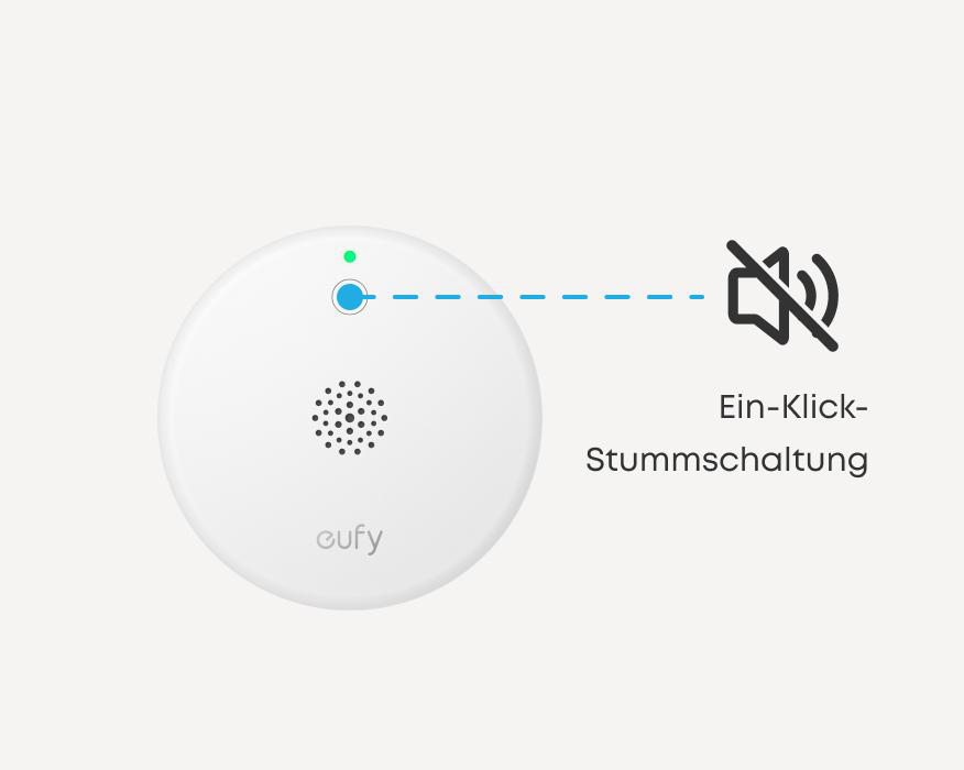 Ein weißes Eufy Gerät mit einem Lautsprechersymbol, das stummgeschaltet ist.