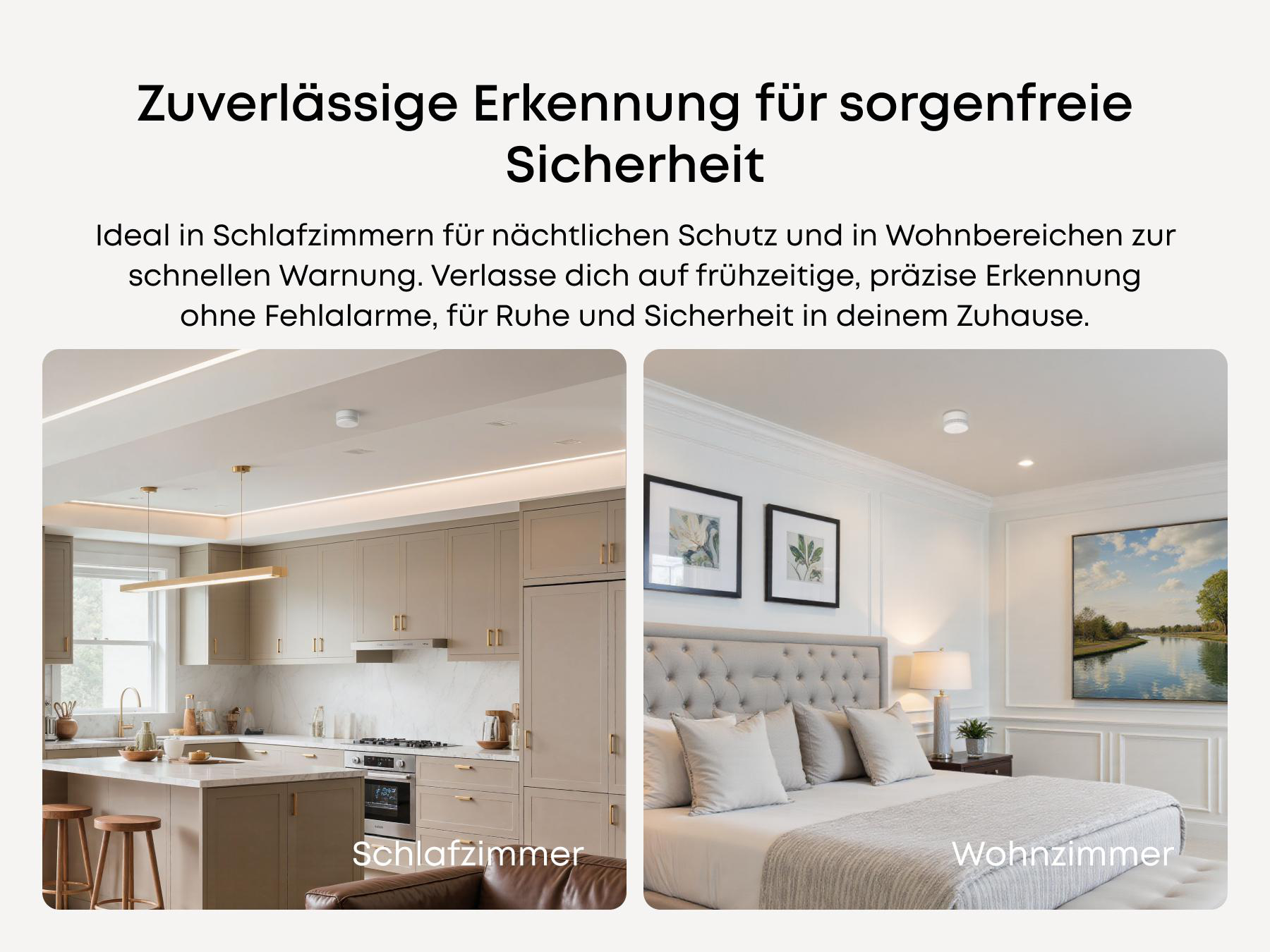 Eine Küche und ein Schlafzimmer werden gezeigt. Rauchmelder sind an der Decke.