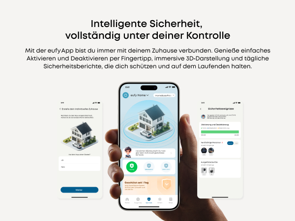 Drei Smartphones zeigen die eufy App mit Hausansichten und Sicherheitsereignissen.