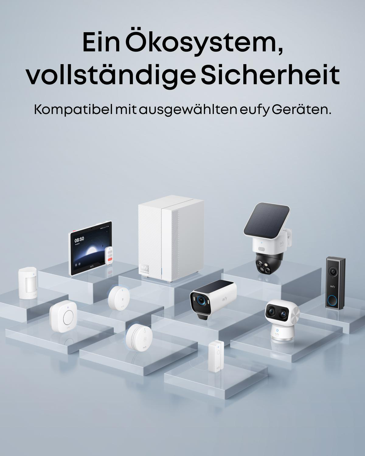 Ein Ökosystem mit vielen eufy Geräten wie Kameras und Sensoren.
