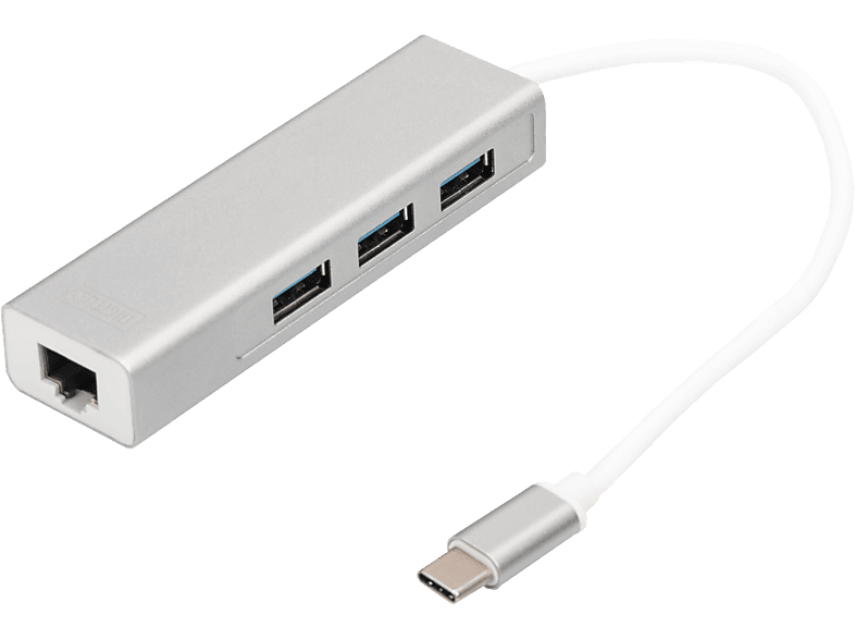 DIGITUS USB Typ-C 3-Port Hub + Gigabit Ethernet LAN-Adapter, Aluminiumgehäuse, USB 3.0, Silber; USB-Hub