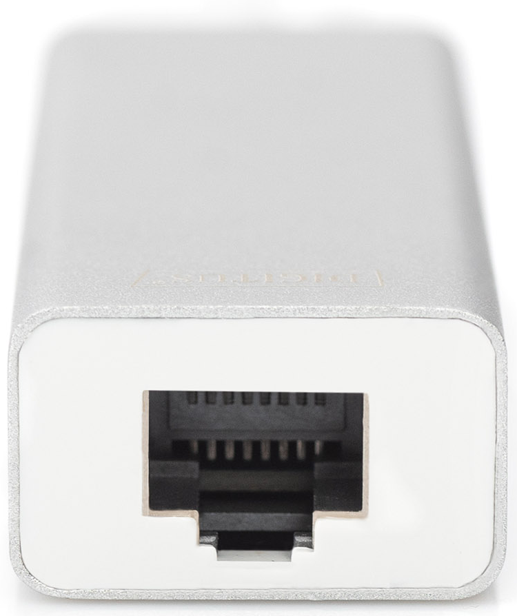 Silberner Adapter mit Ethernet-Anschluss. Nahaufnahme.