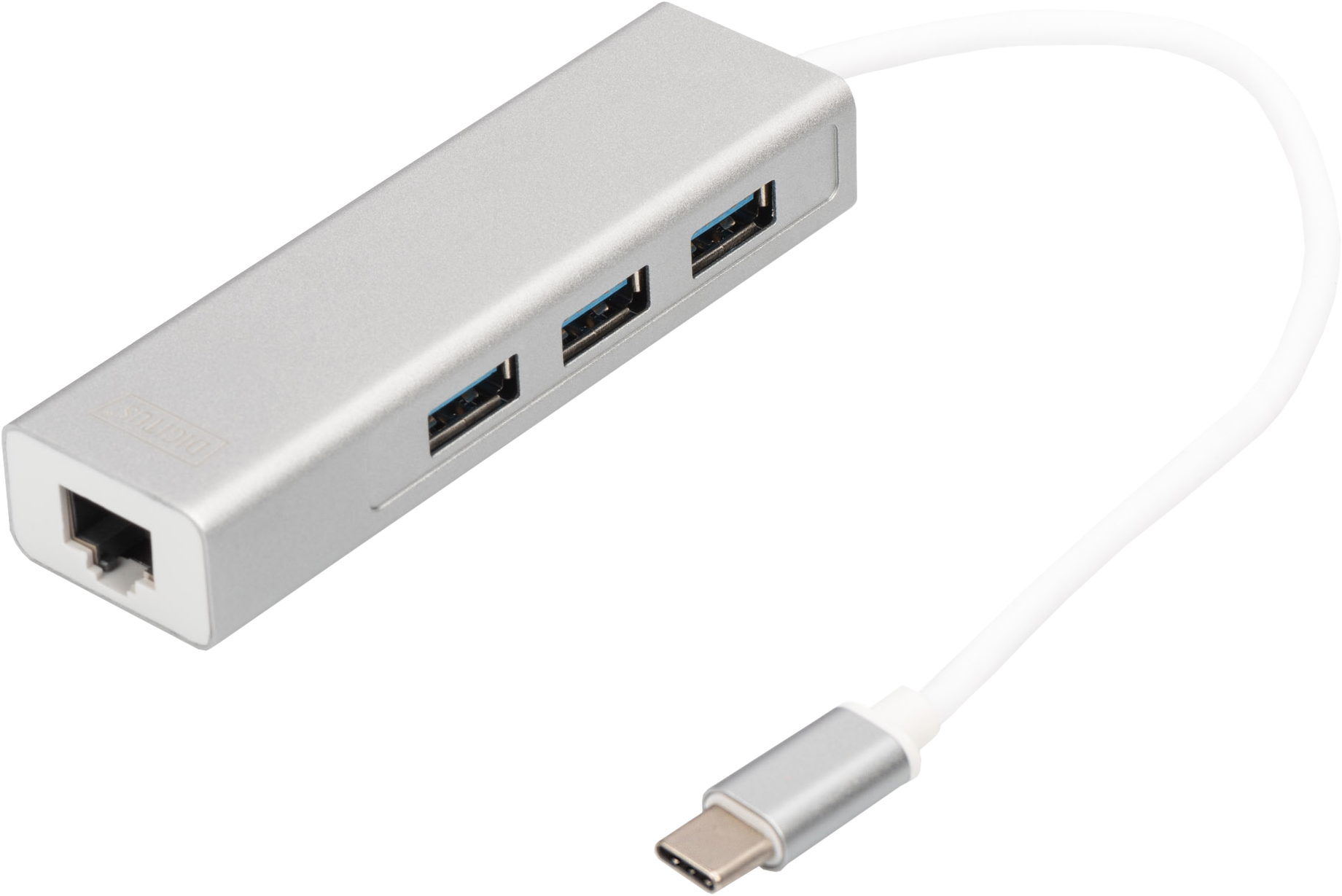 Silberner USB-C-Hub mit drei USB-A-Anschlüssen und einem Ethernet-Anschluss.