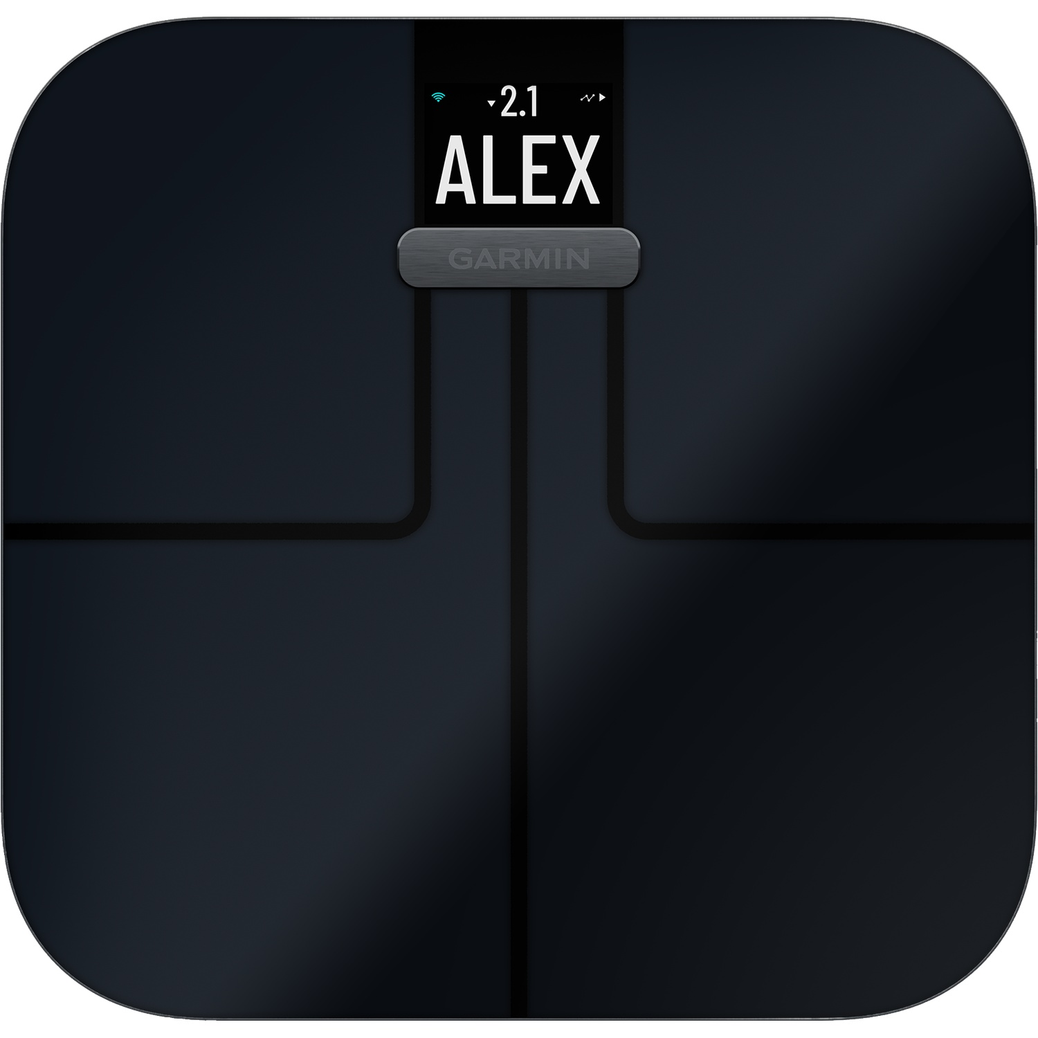 Black smart scale with display showing ALEX and 2.1.