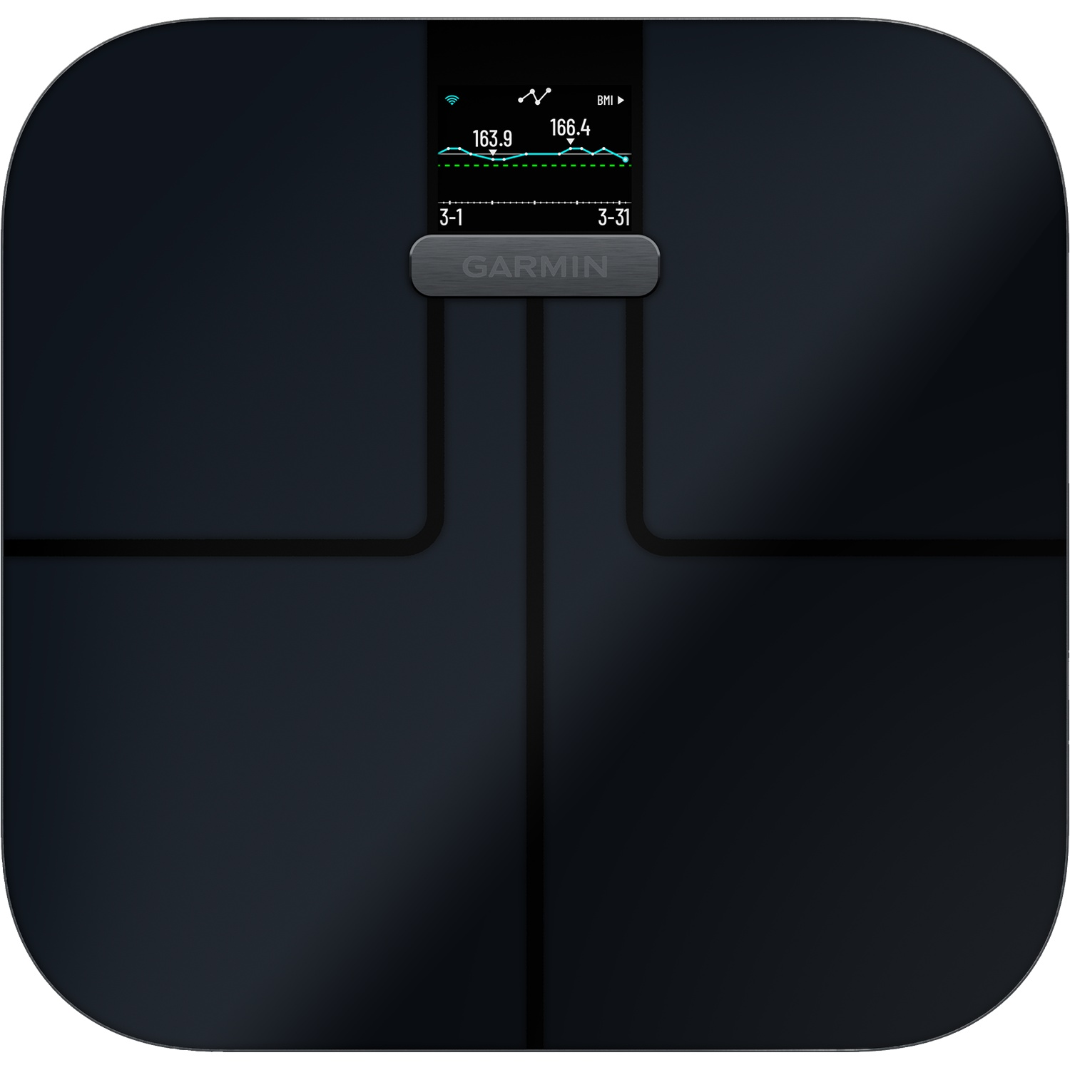Black smart scale with digital display showing weight and BMI.