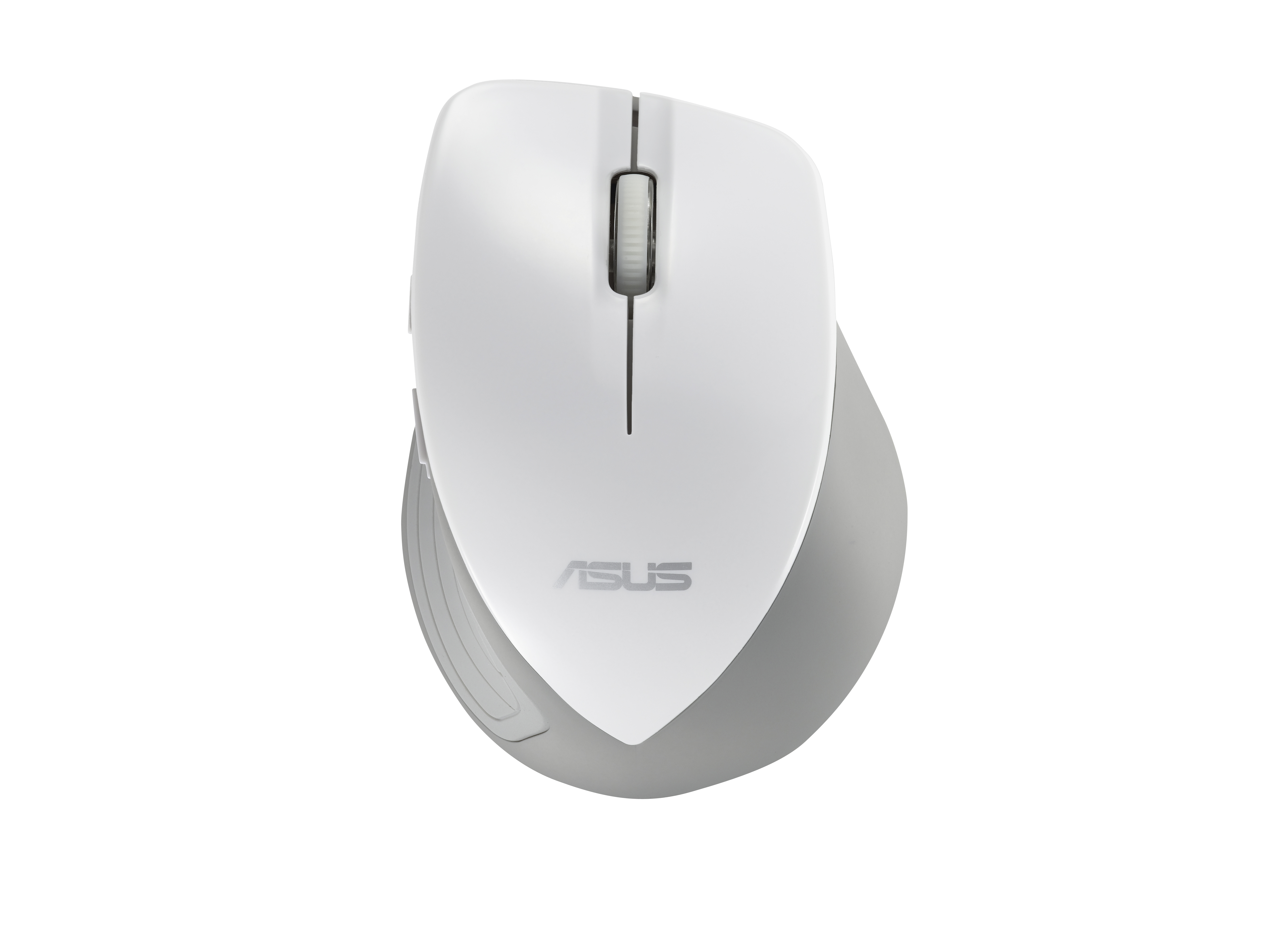 Biała mysz komputerowa ASUS z szarym kółkiem i uchwytem.