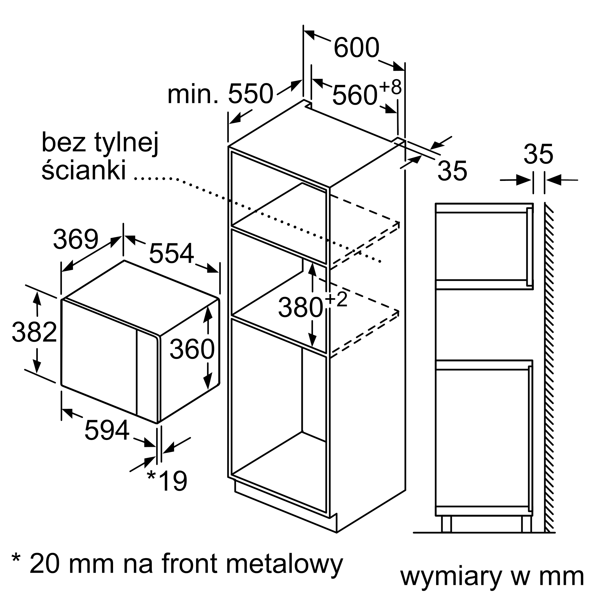 Rysunek techniczny urządzenia do zabudowy z wymiarami w mm.