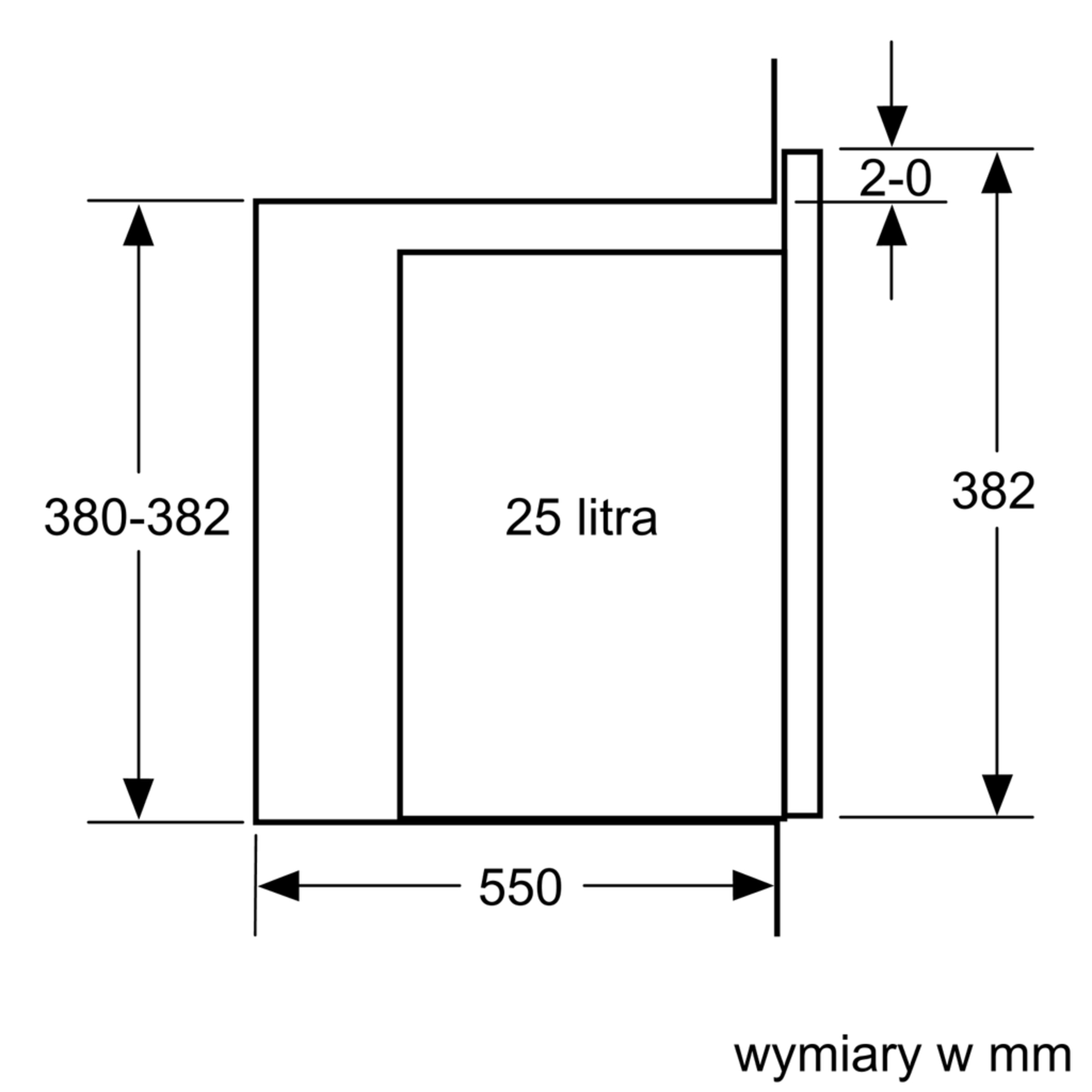 Rysunek techniczny z wymiarami: Wysokość 380-382 mm, Szerokość 550 mm, Głębokość 2-0 mm.