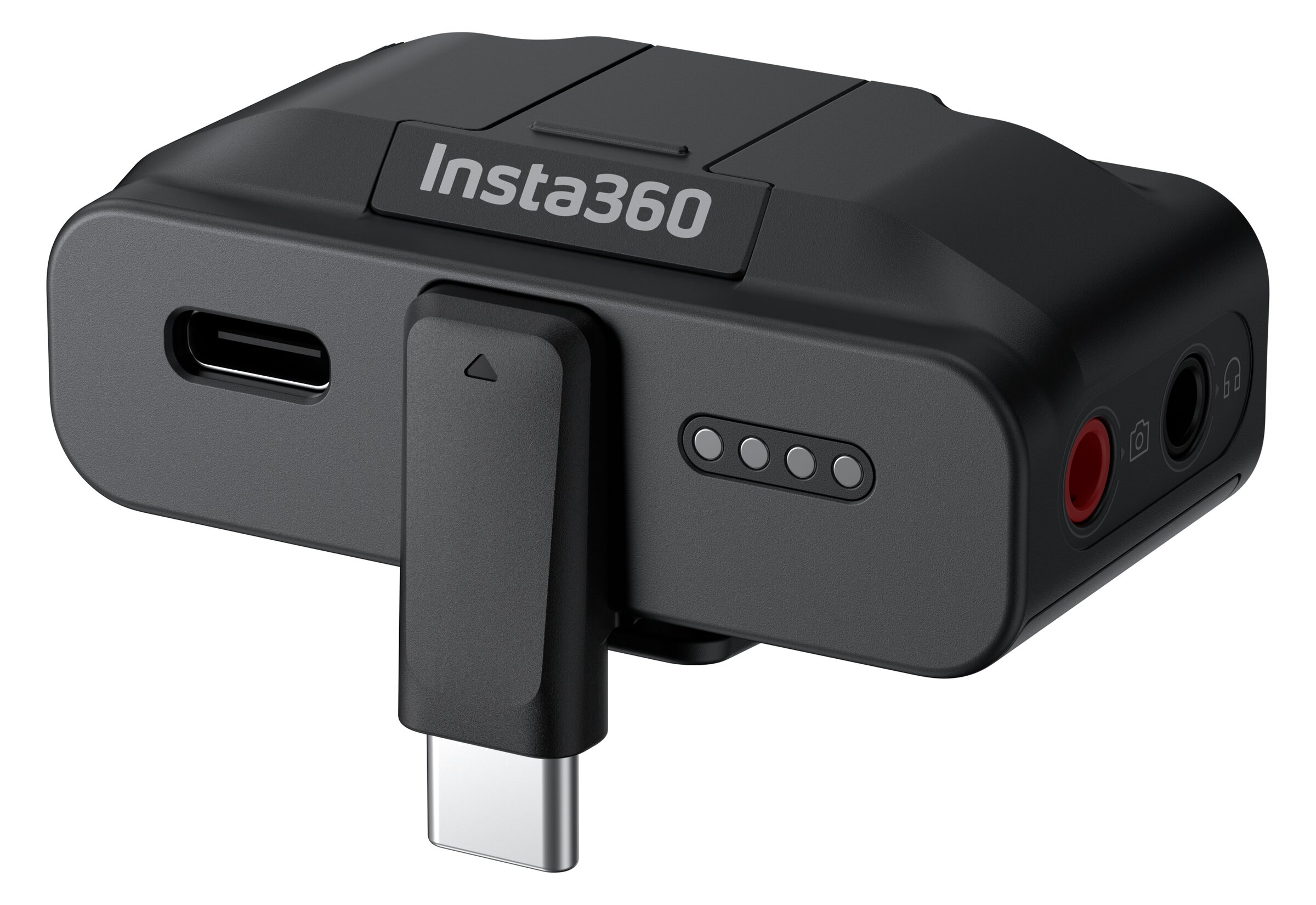 Dispositivo Insta360 negro con puerto USB-C, cuatro luces y conectores de audio.