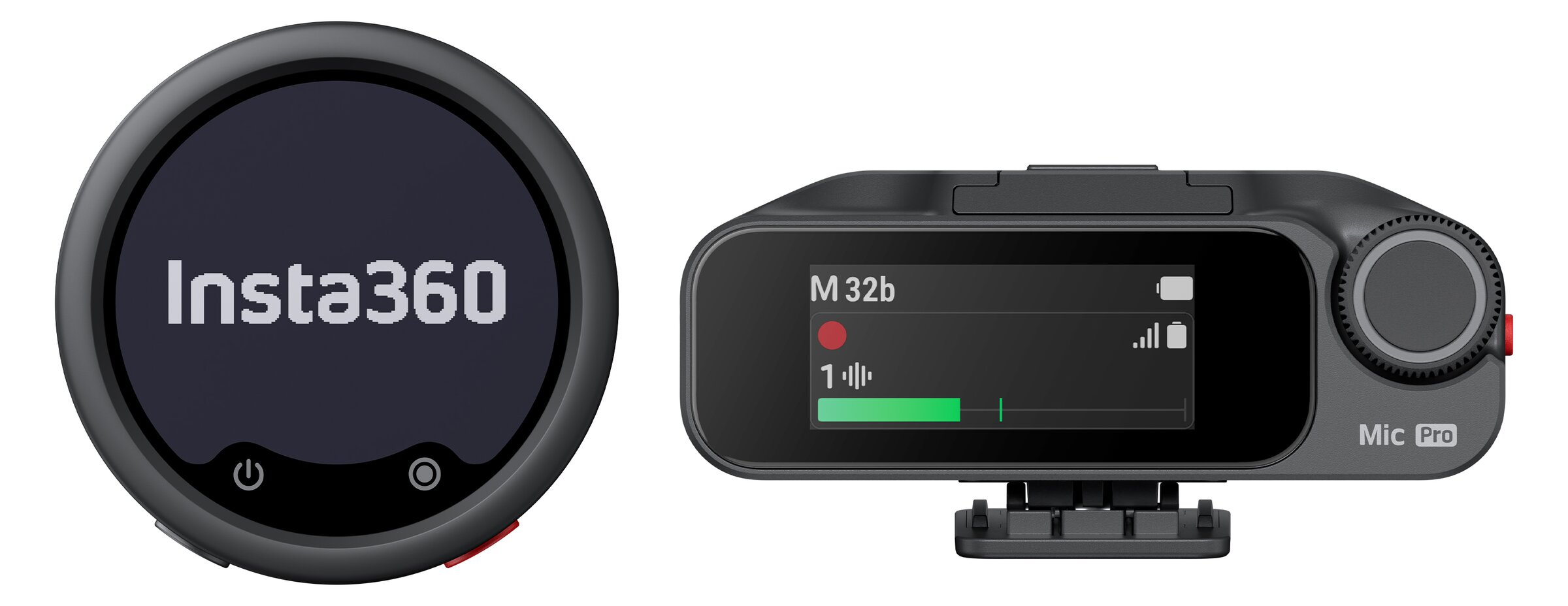 Dispositivo Insta360 redondo junto a un Mic Pro rectangular con pantalla.
