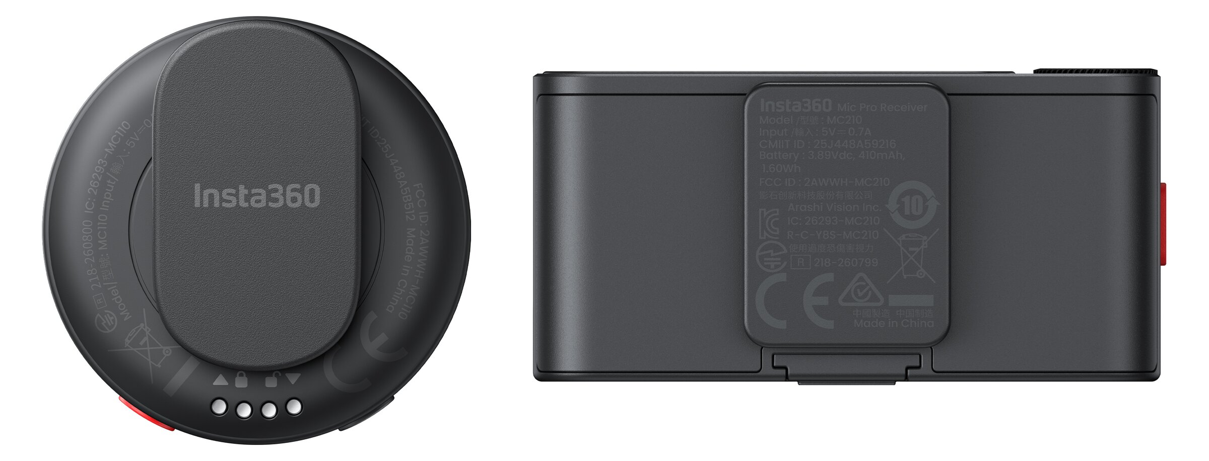 Dos dispositivos negros Insta360, emisor y receptor, con detalles técnicos.