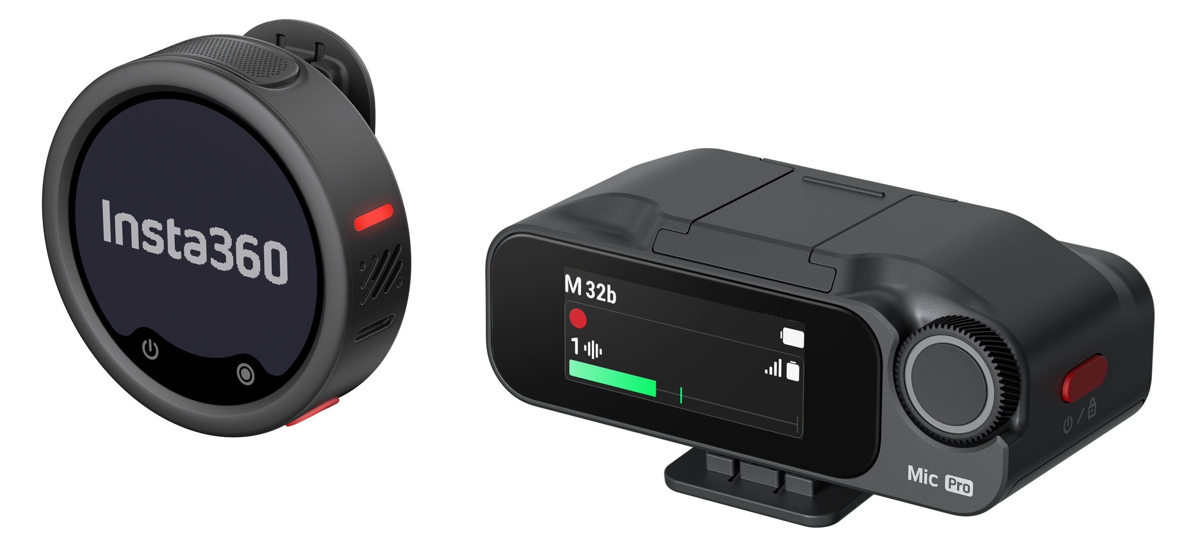 Dos accesorios negros de Insta360: un dispositivo redondo con pantalla y un micrófono.