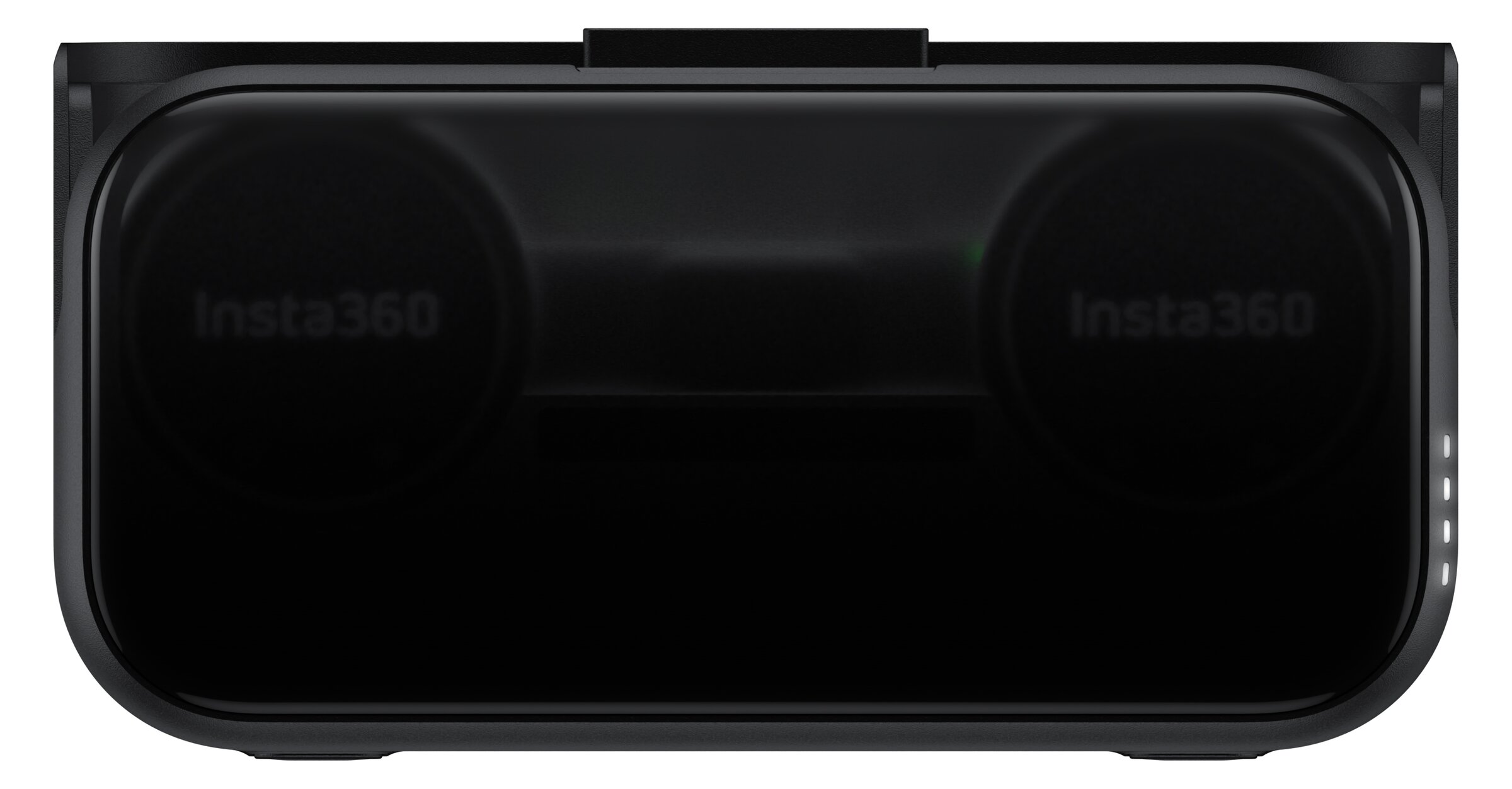 Cámara Insta360 negra con dos lentes y logo "Insta360".