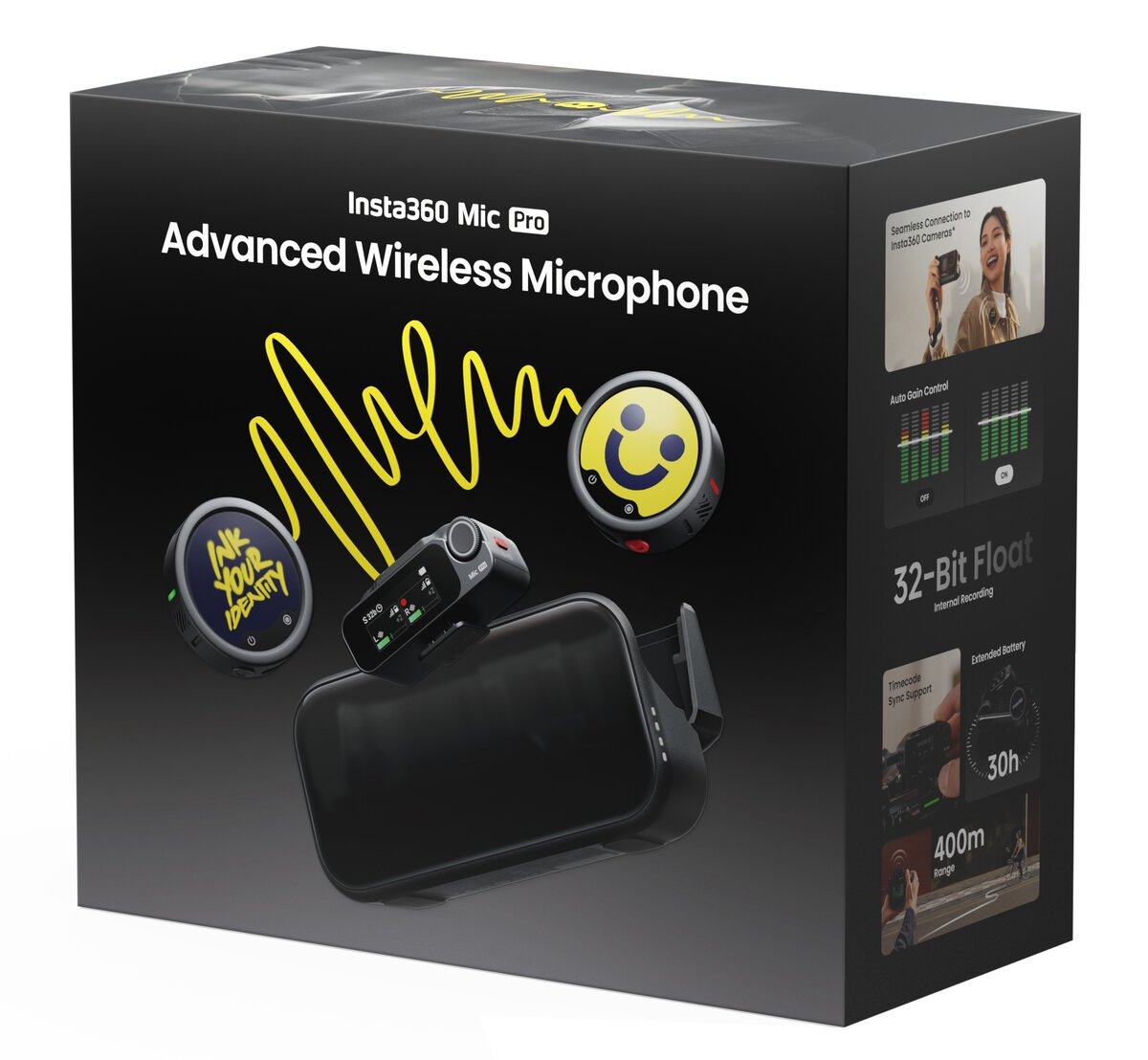 Caja Insta360 Mic Pro: micrófono inalámbrico, receptor, gafas. Características: ganancia automática, 32 bits, 30h batería.