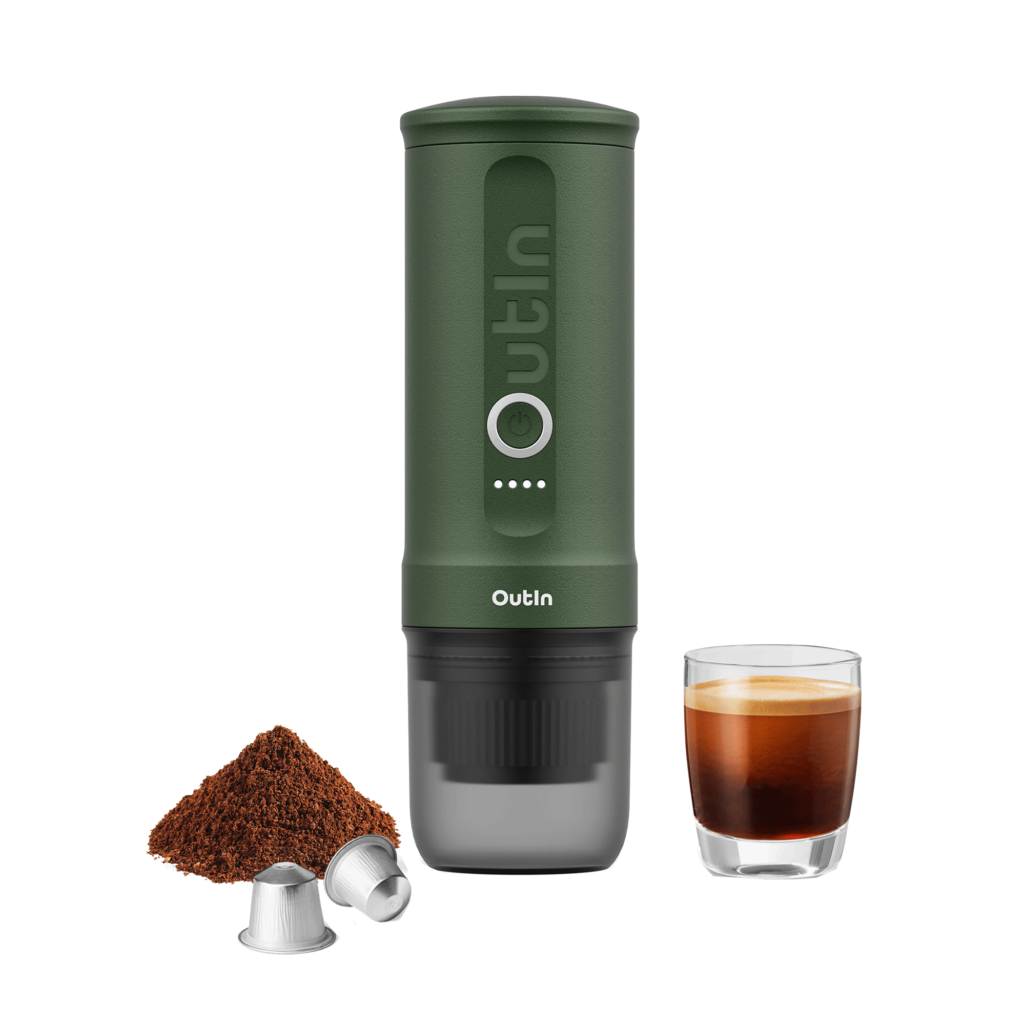 Cafetera verde con molido, cápsulas y espresso en vaso.