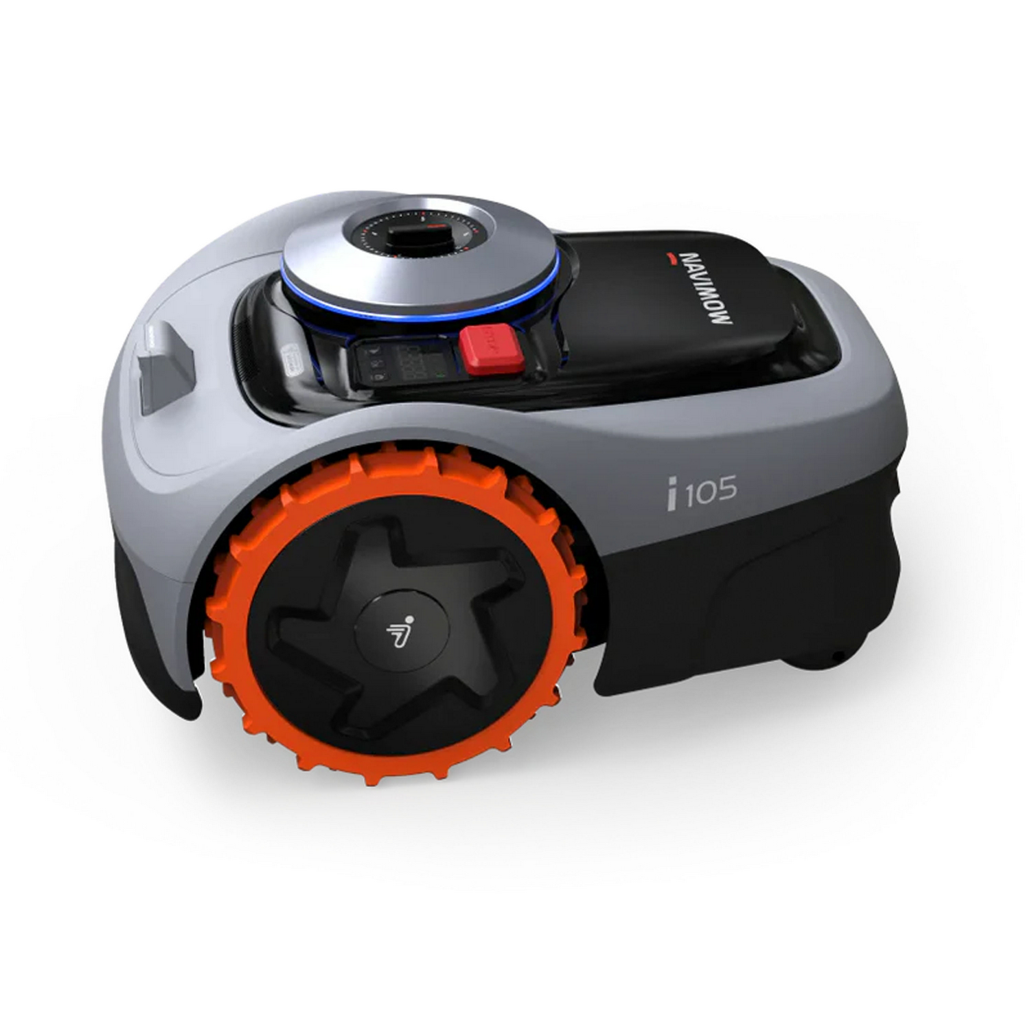 Un robot cortacésped gris con ruedas naranjas, marca "NAVI MOW i105".
