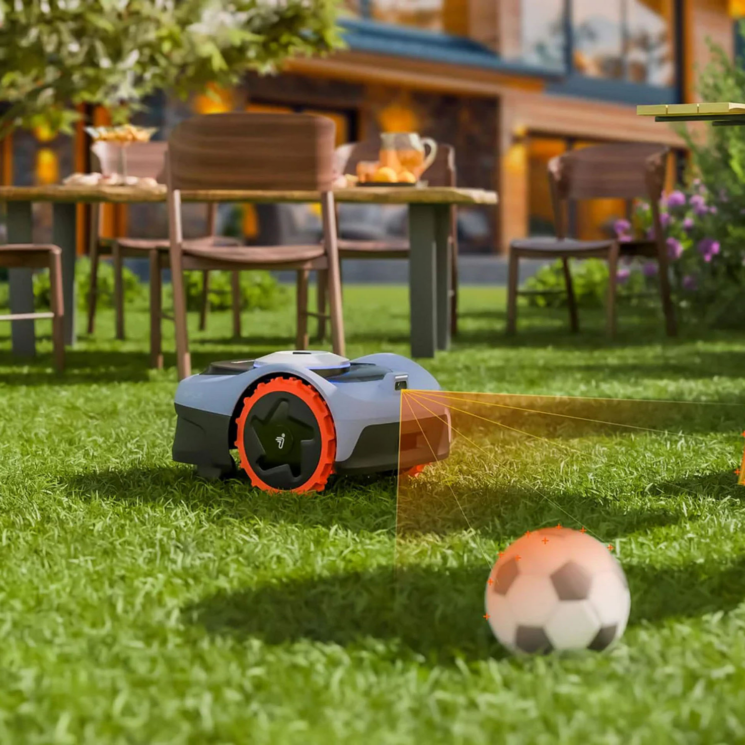 Un robot cortacésped escanea un balón de fútbol en un césped frente a una casa.