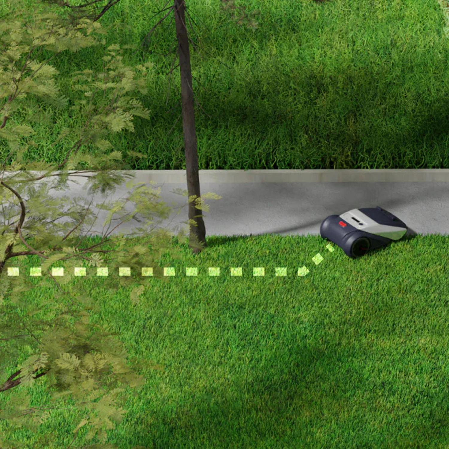 Un robot cortacésped negro sobre césped verde con árboles y un camino.