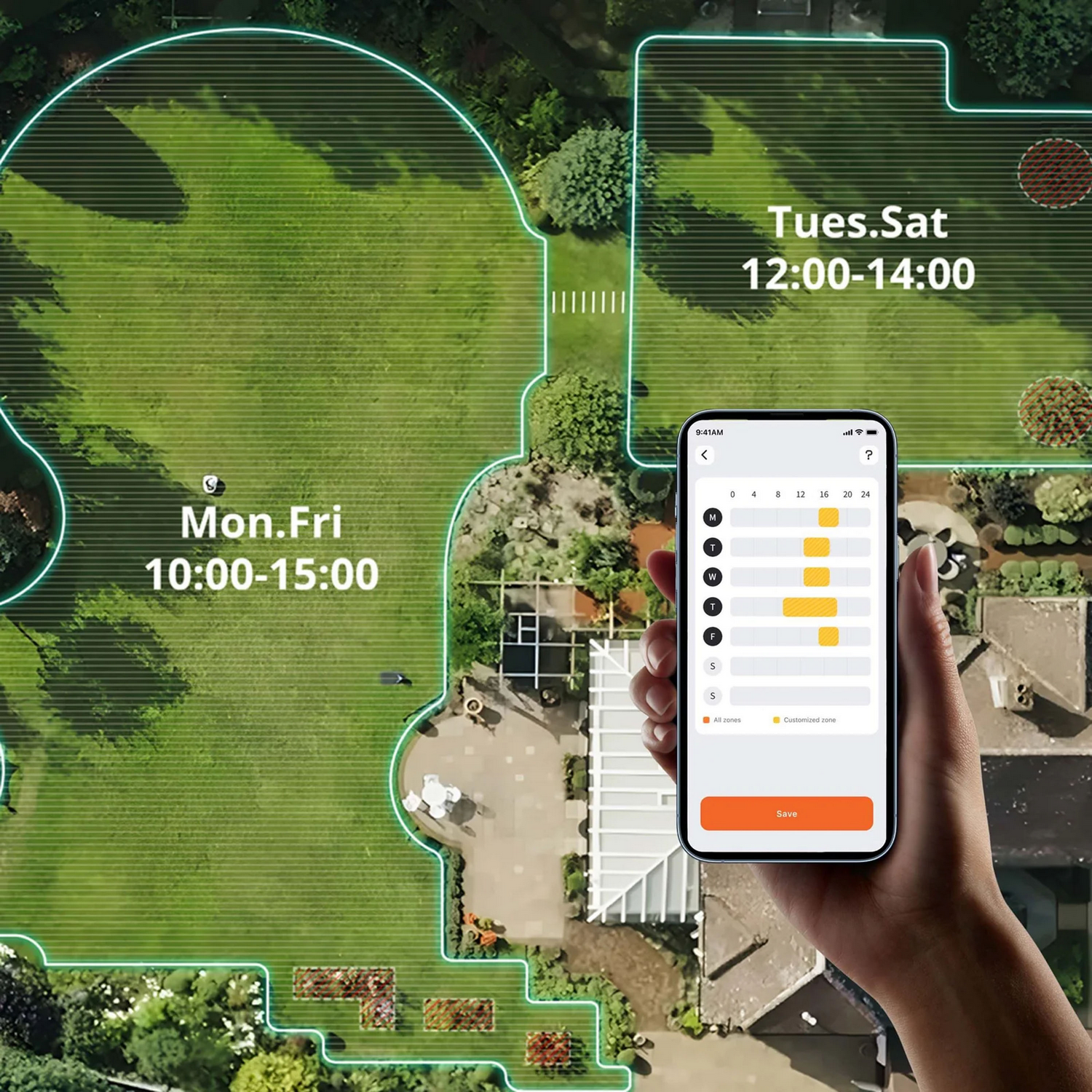 Vista de dron de un jardín con una aplicación de teléfono estableciendo horarios.