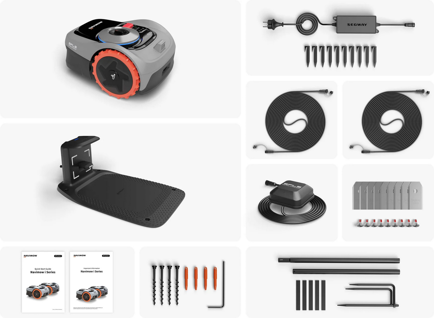 Cortacésped robótico gris y negro con ruedas naranjas, estación de carga y accesorios.