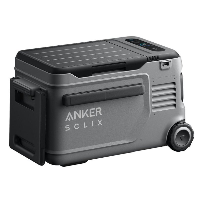 Nevera portátil gris con ruedas y asas, logo Anker Solix.