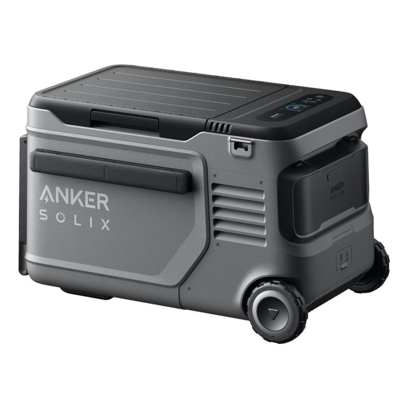 Nevera Anker Solix gris con ruedas y tapa negra.