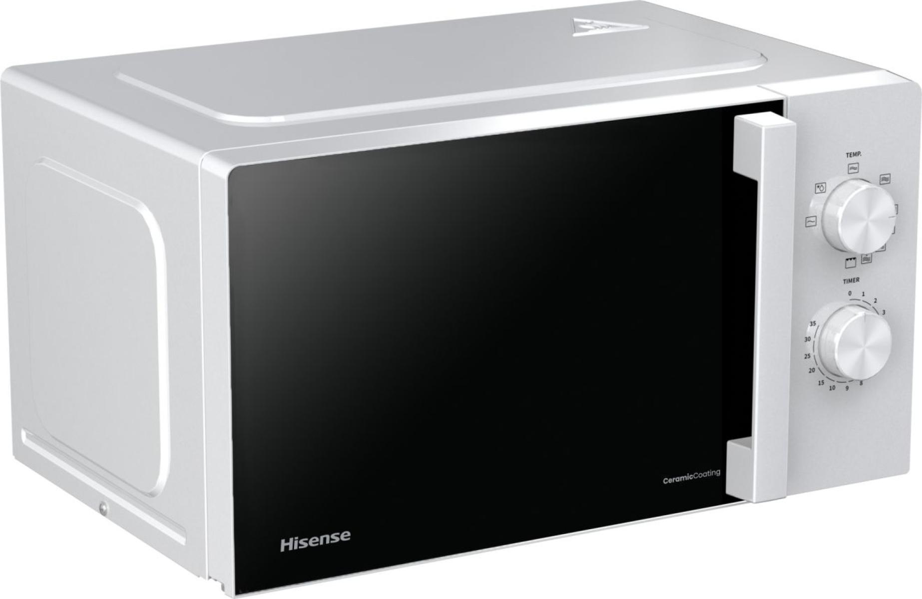 Un microondas Hisense blanco con puerta negra y mandos plateados.