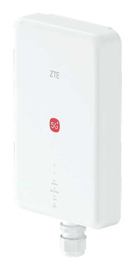Białe urządzenie ZTE 5G+ ze wskaźnikami stanu i podłączeniem kabla.