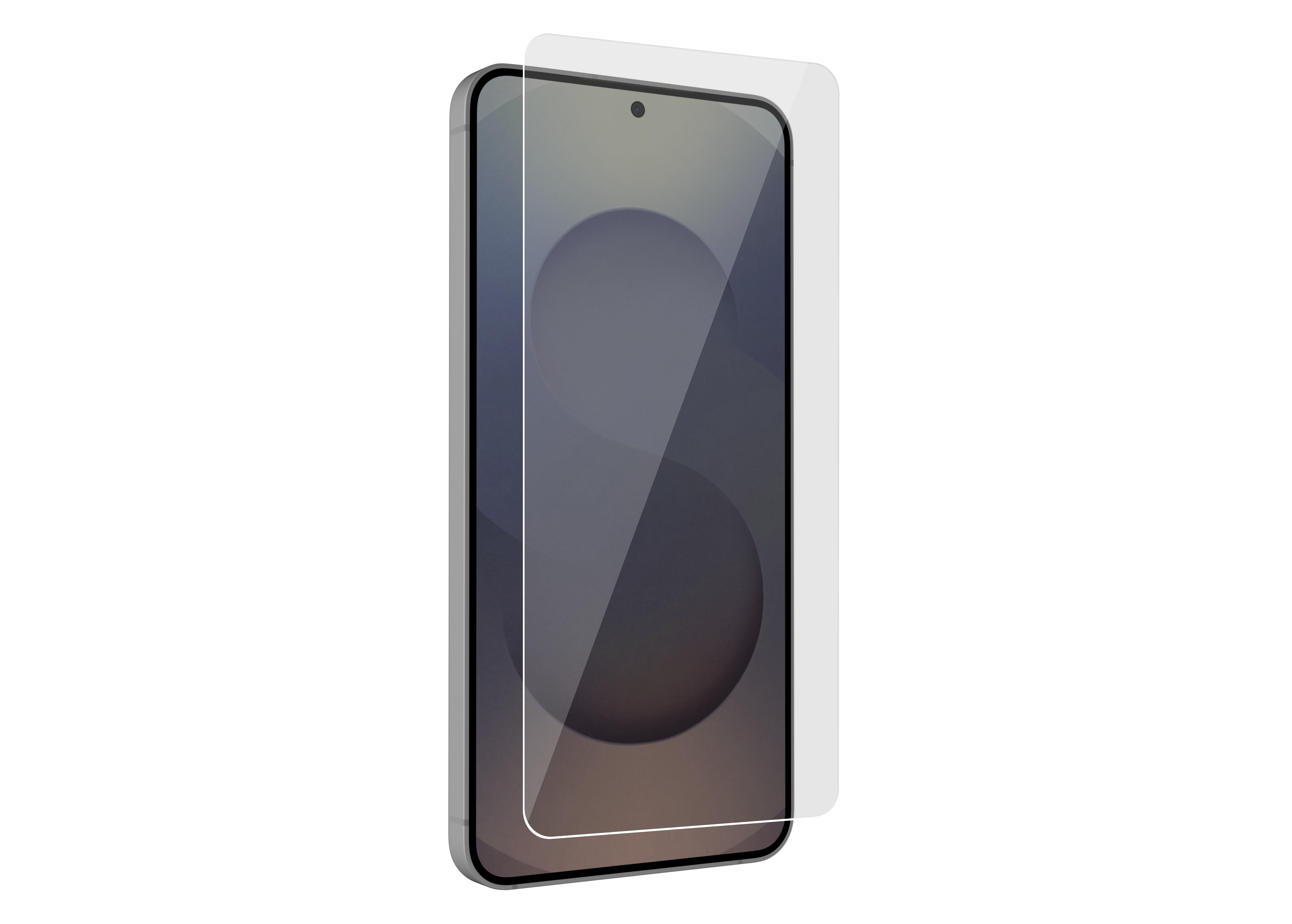 Ein silbernes Smartphone mit einem transparenten Displayschutz.