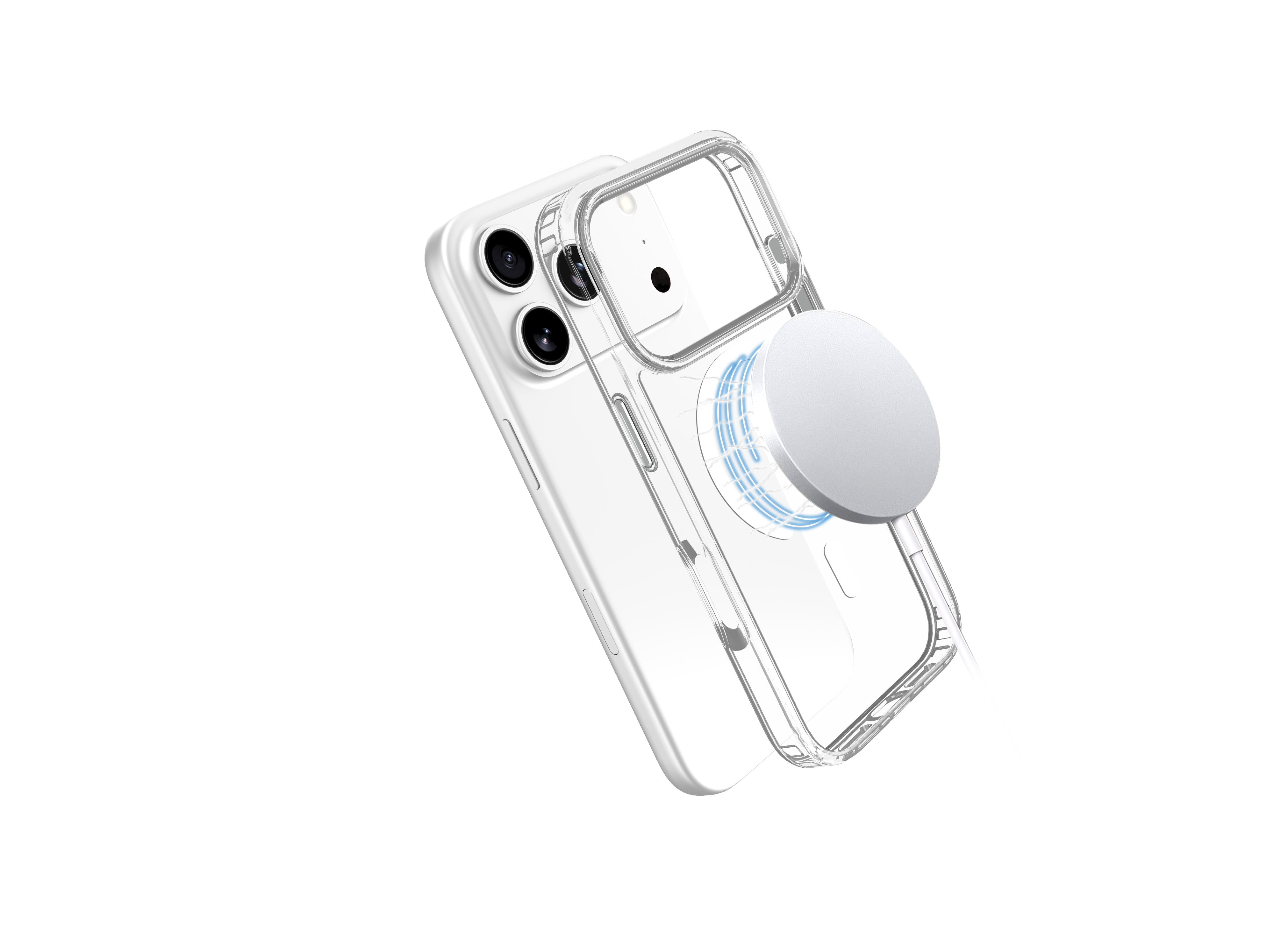 Ein weißes Smartphone mit einer transparenten Hülle und einem weißen Ladegerät.