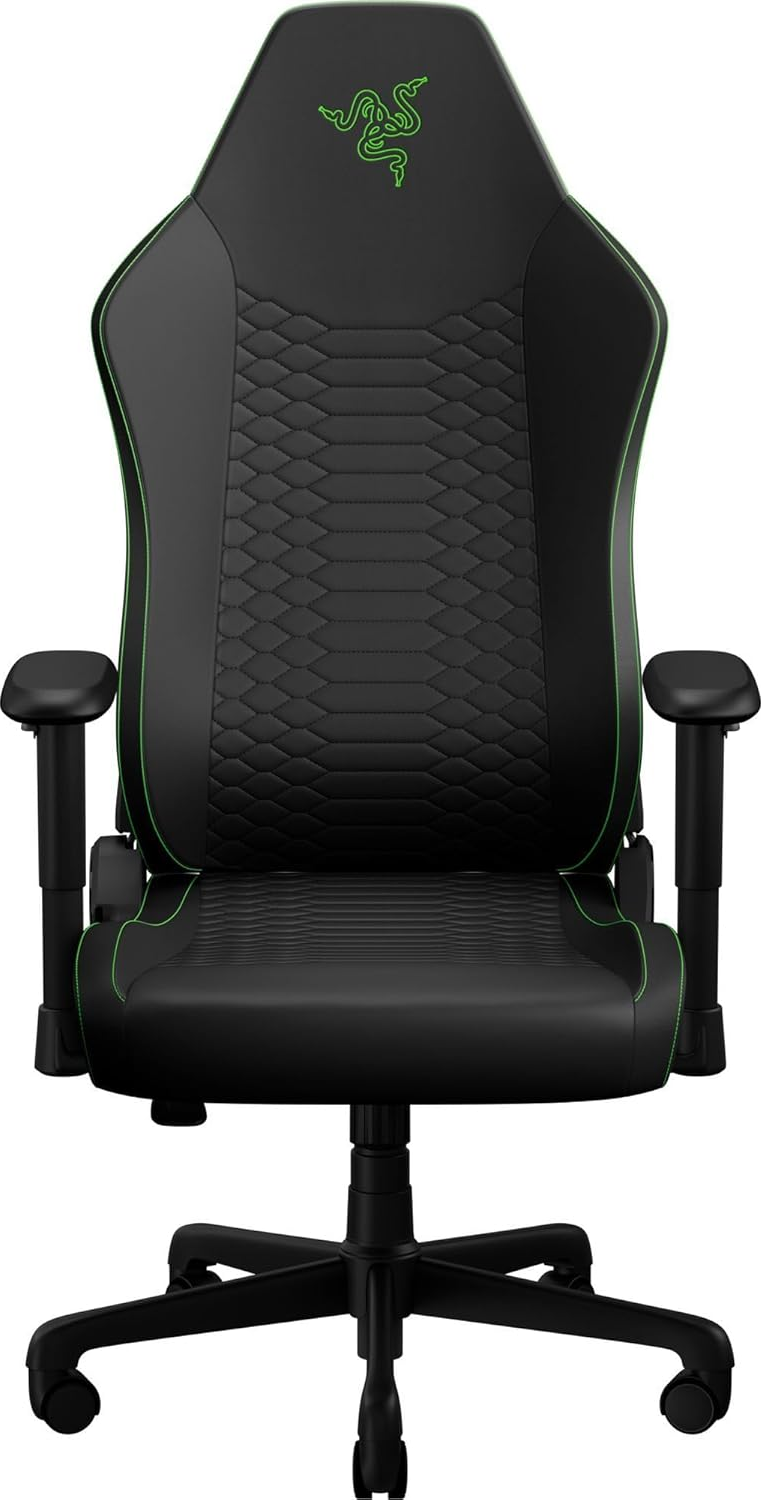 Sedia da gaming nera con profili verdi e logo Razer.