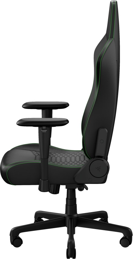 Sedia da gaming nera con accenti verdi, braccioli regolabili e ruote.