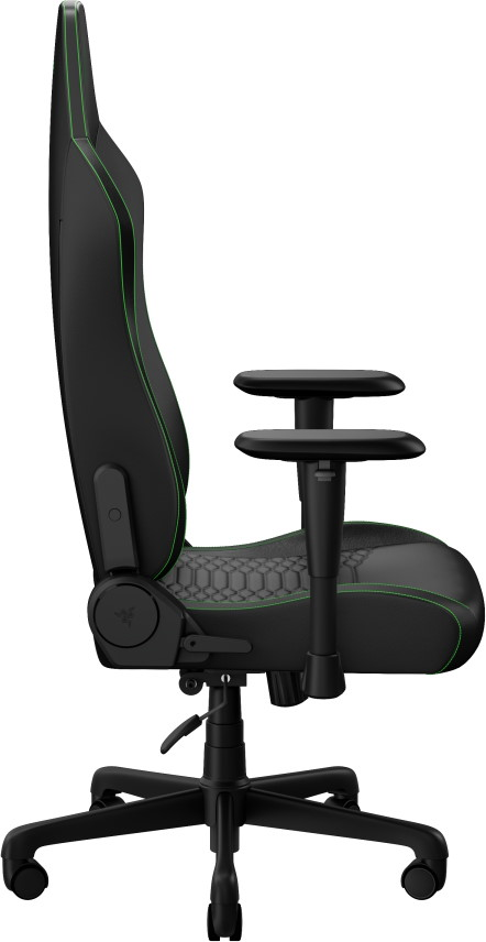 Sedia da gaming nera con profili verdi e braccioli regolabili su base con ruote.