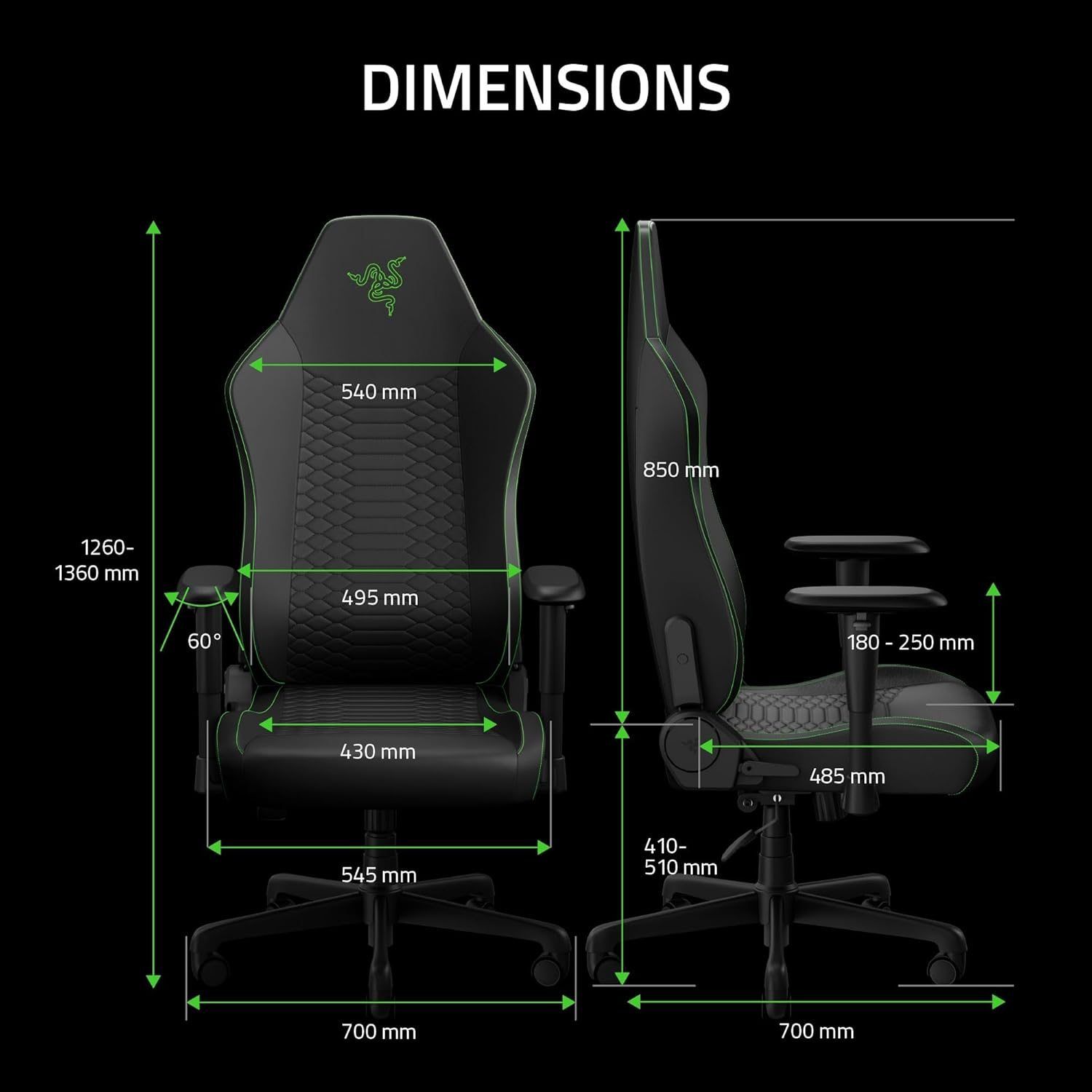 Sedia da gaming nera e verde con dimensioni di altezza, larghezza e profondità.