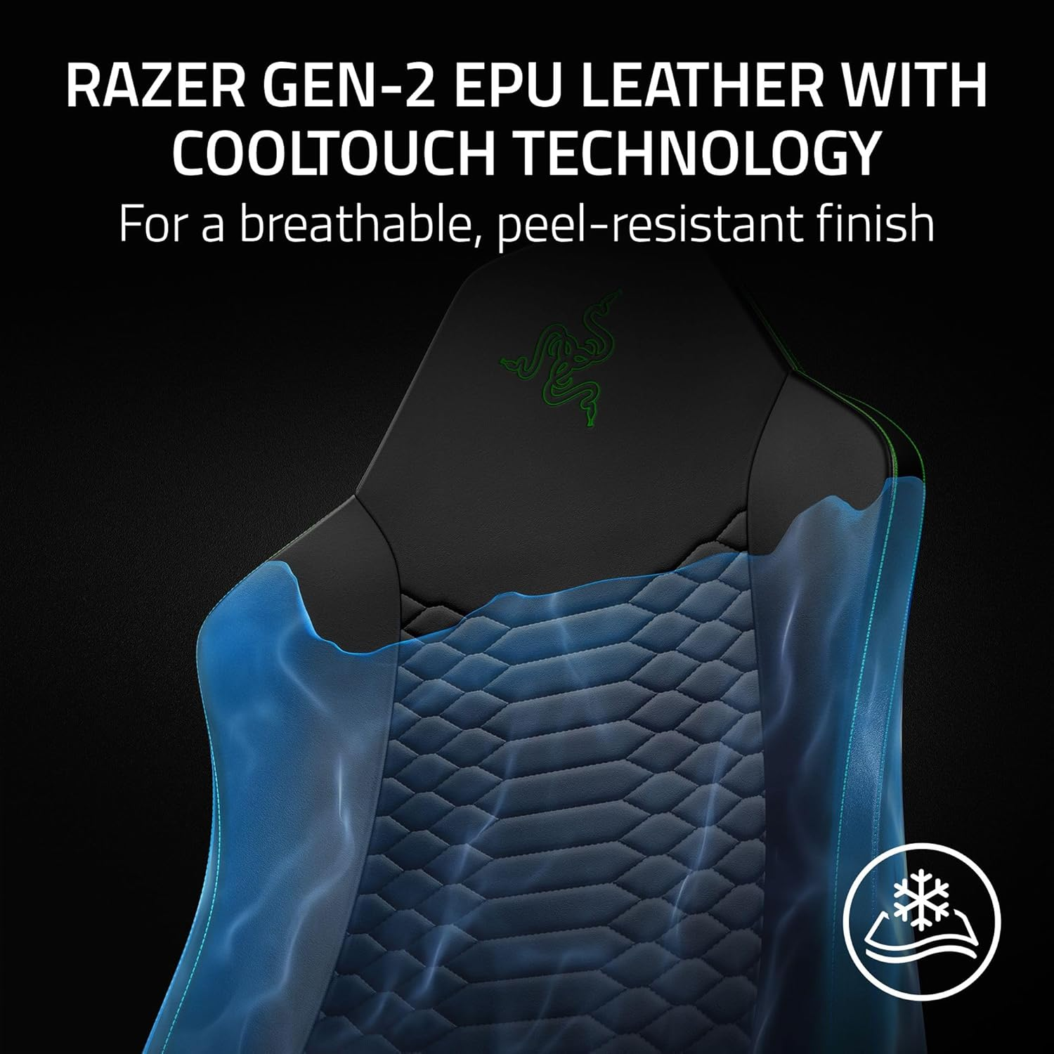 Sedia Razer nera con tecnologia Cooltouch, mostra flusso d'aria e texture.