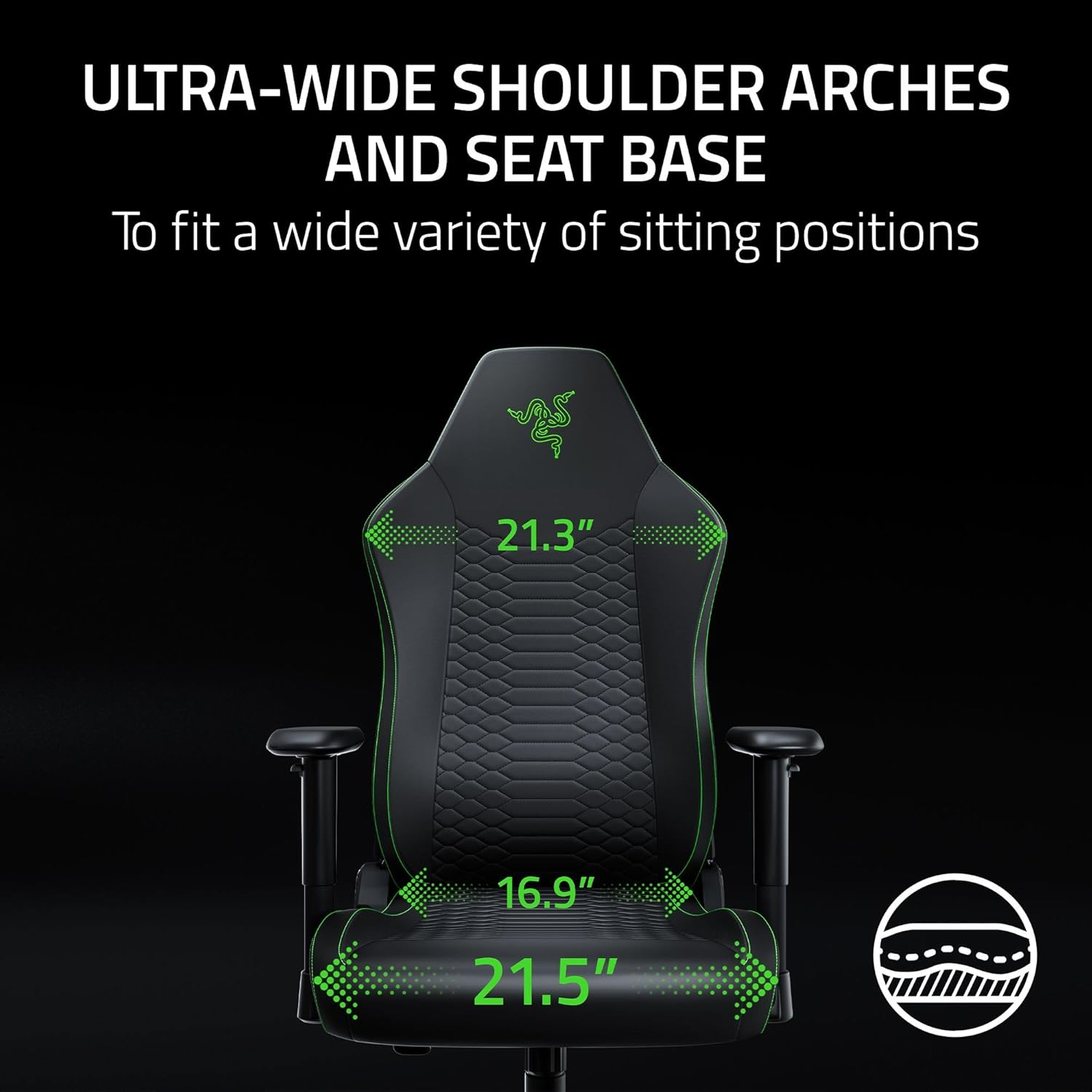 Sedia da gaming nera con motivo a rombi e accenti verdi. Dimensioni indicate.