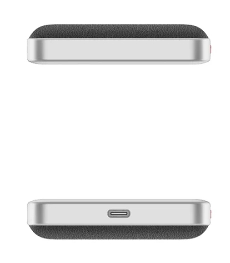 Srebrne urządzenie z teksturowaną czarną górą i portem USB-C.