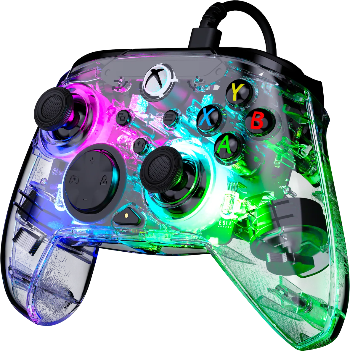 Transparenter Xbox-Controller mit bunten LED-Leuchten, schwarzen Knöpfen und Joysticks.
