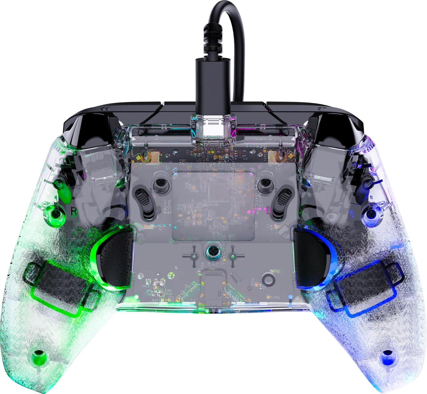 Transparenter Controller mit grüner und blauer LED-Beleuchtung, USB-Kabel.