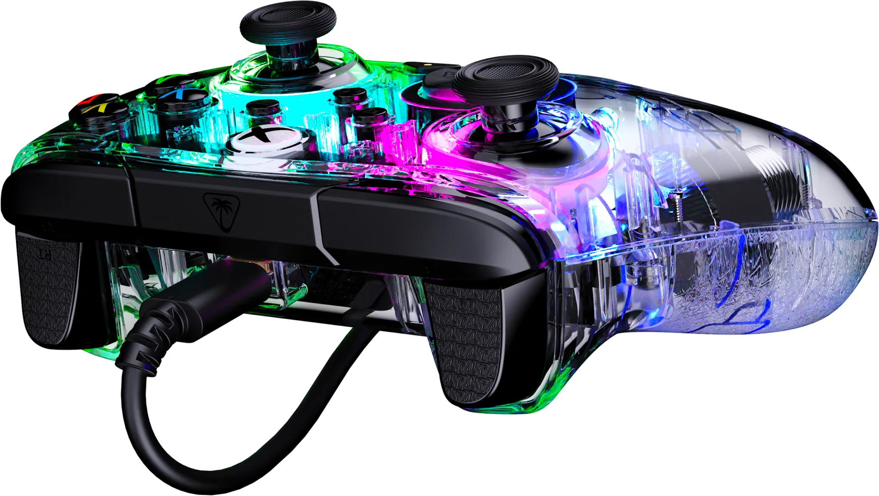 Ein transparenter Xbox-Controller mit bunten LED-Lichtern im Inneren, die interne Komponenten zeigen.