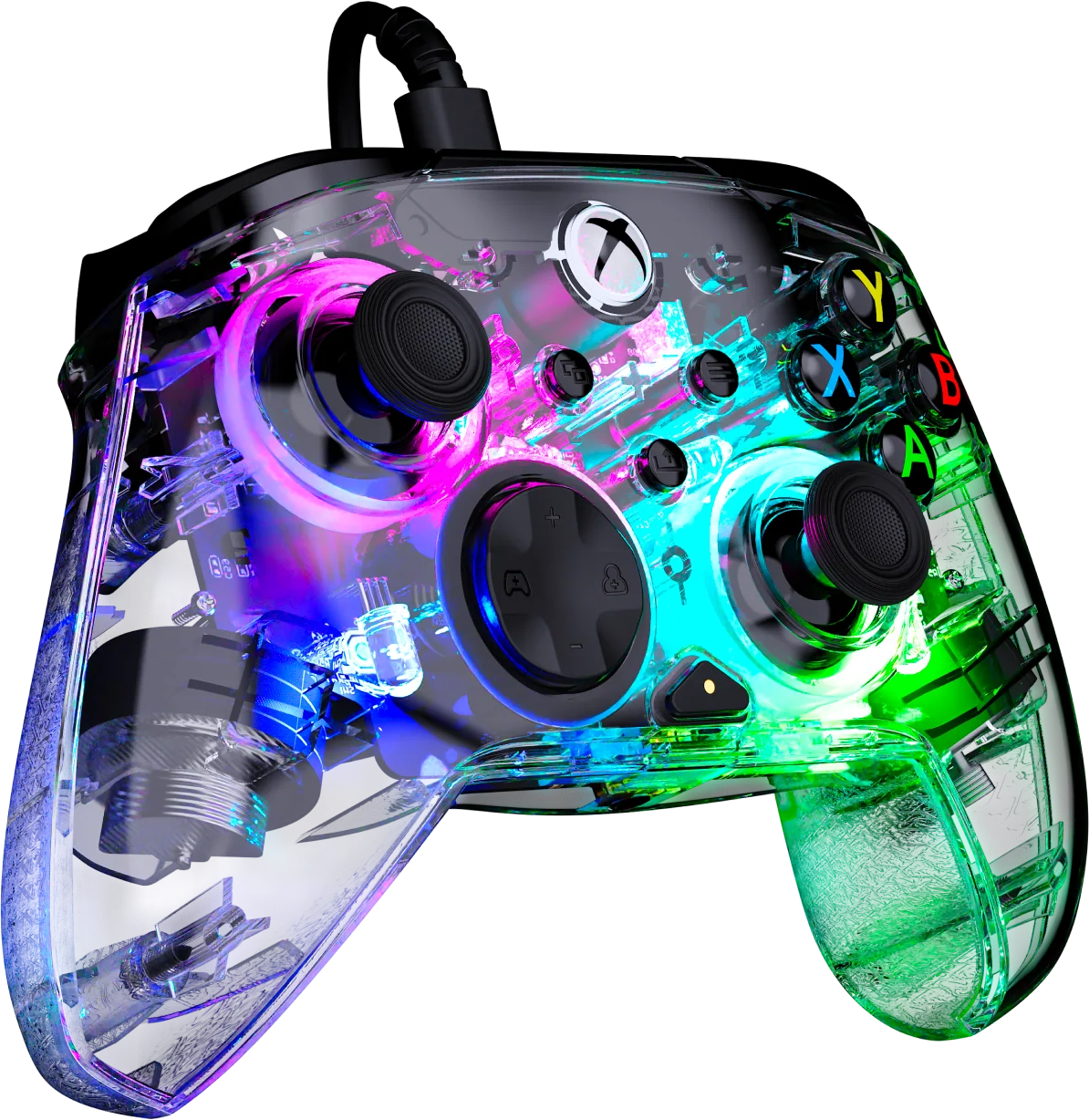 Ein transparenter Xbox-Controller mit bunten Lichtern, der auf schwarzem Hintergrund steht.