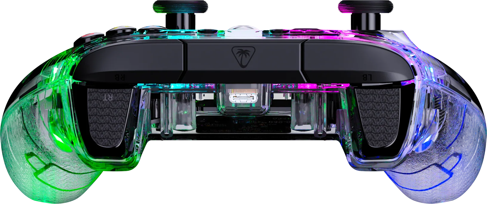 Ein durchsichtiger Controller mit grüner und blauer LED-Beleuchtung.