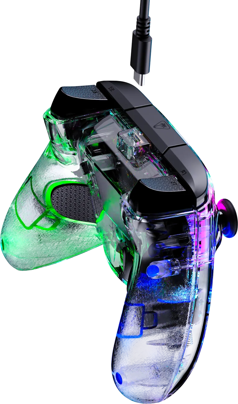 Ein transparenter Controller mit grüner und blauer LED-Beleuchtung und einem USB-C-Kabel.