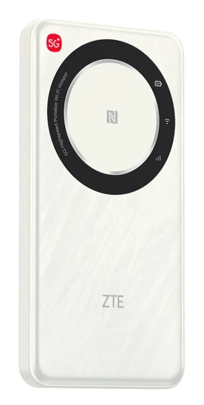 Biały mobilny hotspot ZTE 5G z czarnym okręgiem i symbolem NFC.