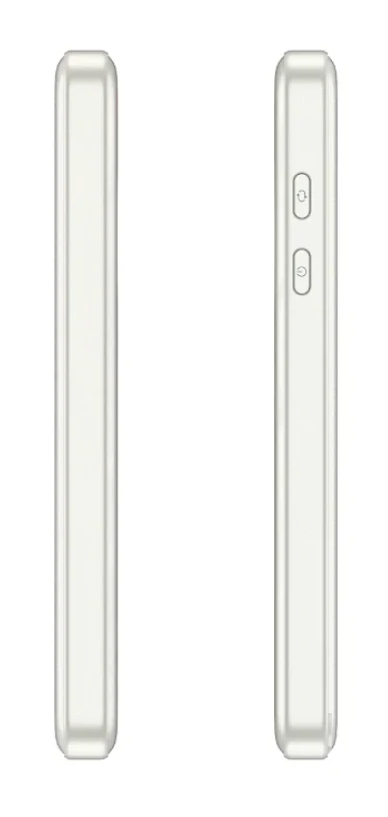 Biały smartfon widziany z boku z dwoma przyciskami po prawej stronie.